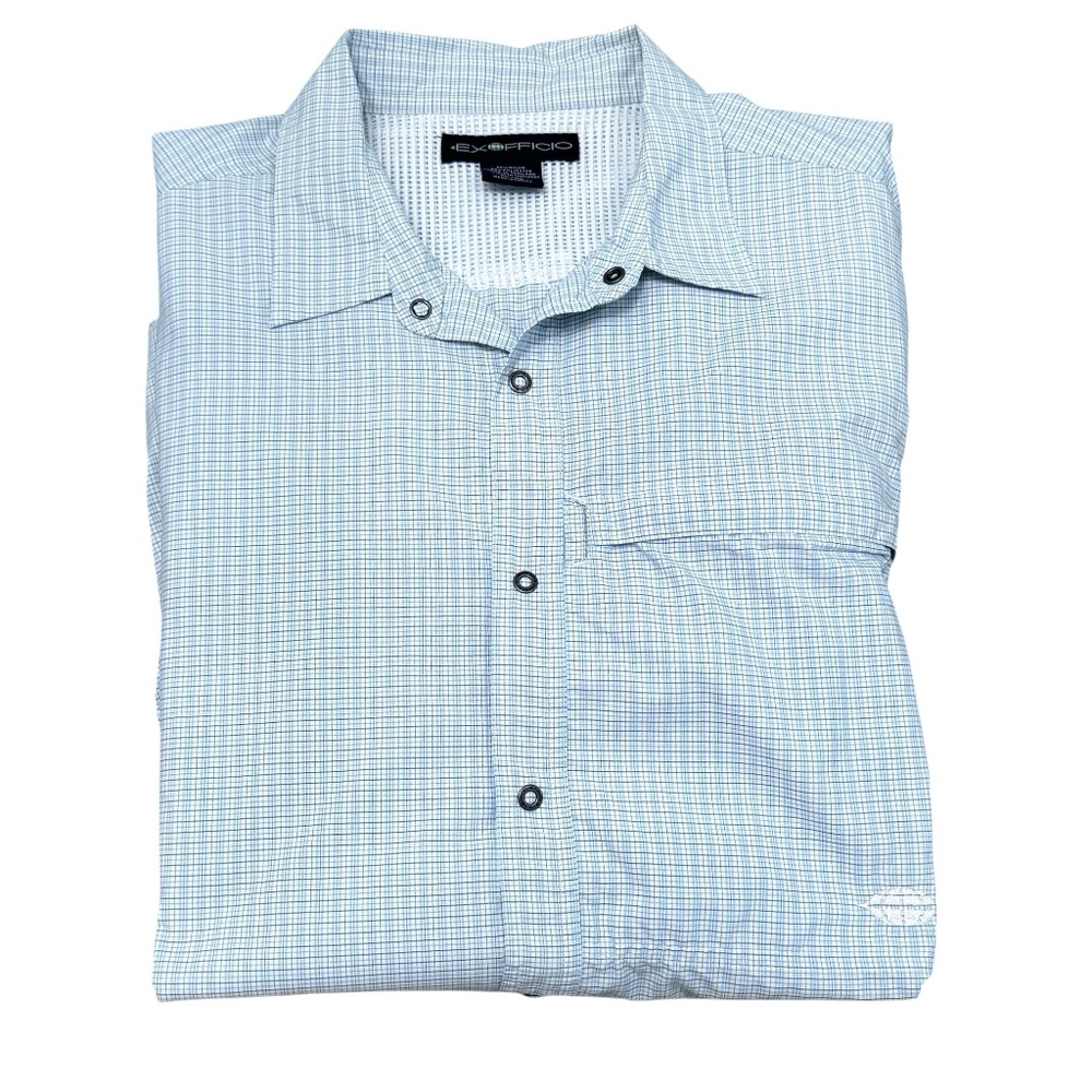 EXOFFICIO WHITE WITH BLUE & GREEN PLAID LONG SLEEVE VENTED FISHING SHIRT